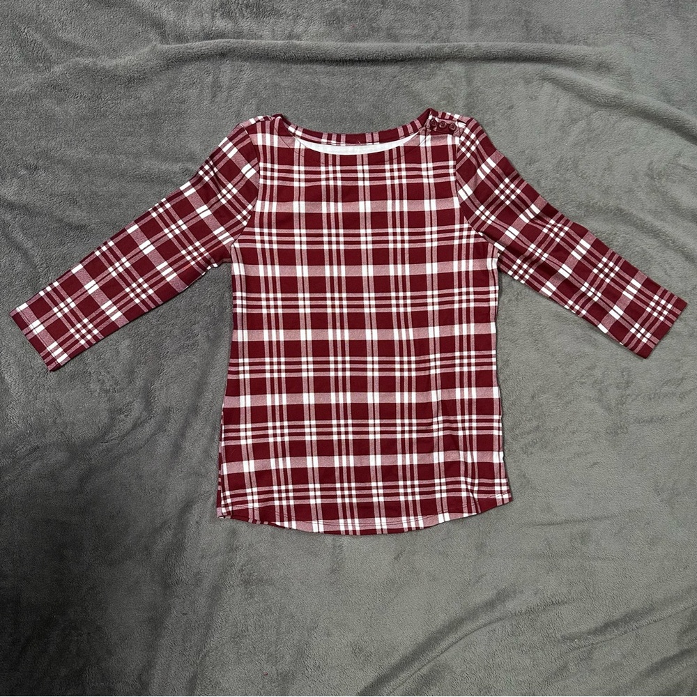NWT Charter Club 100% Supima Cotton Plaid 3/4 Sleeve Top - Wine - Size Small